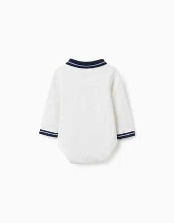 Cotton polo bodysuit with contrasting collar for newborn boys, white