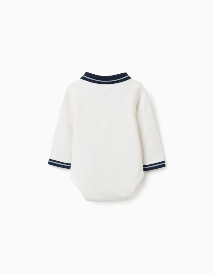Cotton polo bodysuit with contrasting collar for newborn boys, white