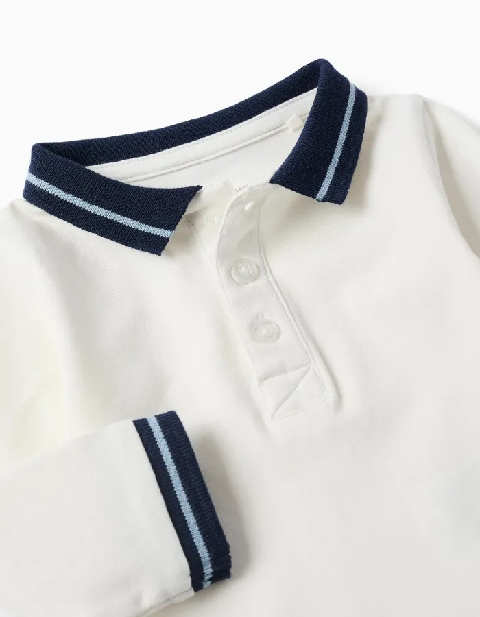 Cotton polo bodysuit with contrasting collar for newborn boys, white