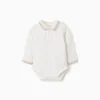 Long sleeve cotton polo-bodysuit with stripes for newborn boys, white