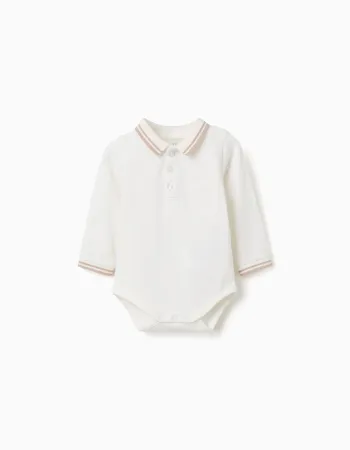 Long sleeve cotton polo-bodysuit with stripes for newborn boys, white