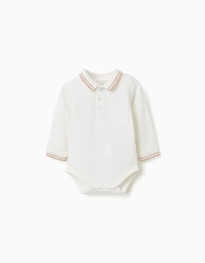 Long sleeve cotton polo-bodysuit with stripes for newborn boys, white