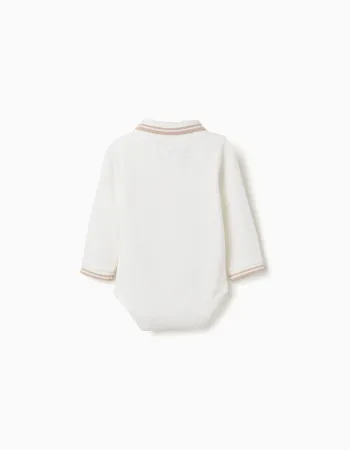 Long sleeve cotton polo-bodysuit with stripes for newborn boys, white