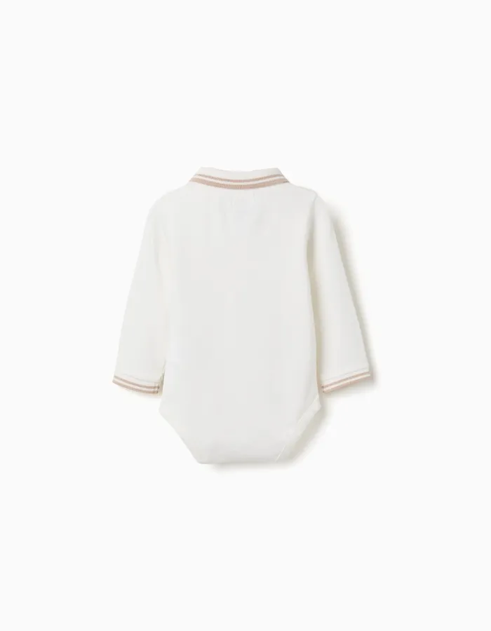 Long sleeve cotton polo-bodysuit with stripes for newborn boys, white