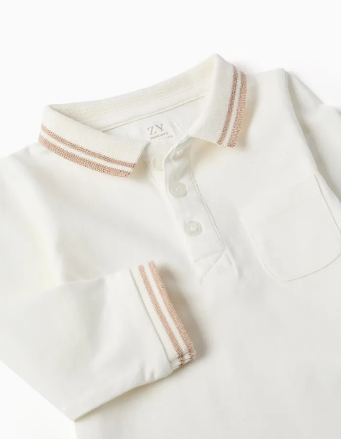 Long sleeve cotton polo-bodysuit with stripes for newborn boys, white