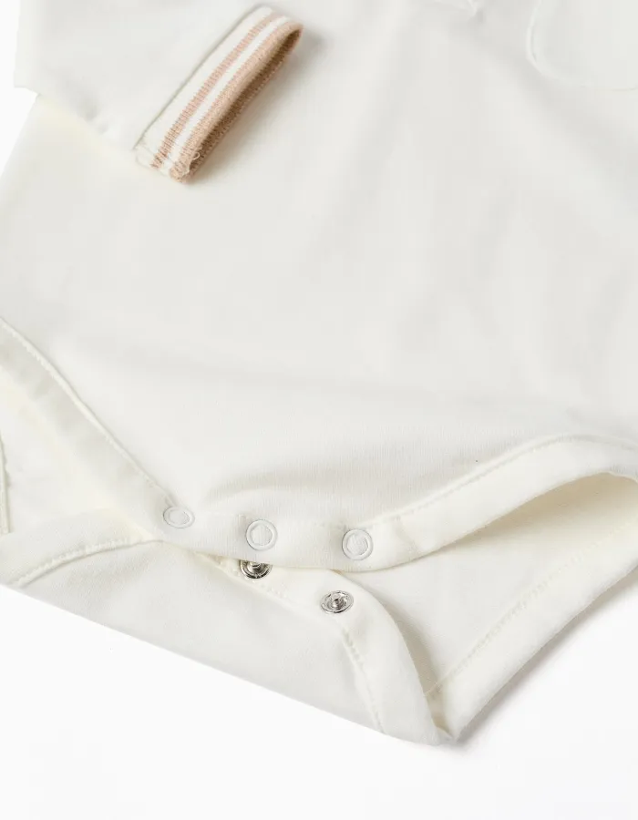 Long sleeve cotton polo-bodysuit with stripes for newborn boys, white