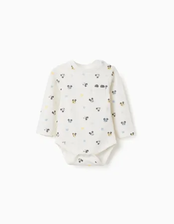 Long sleeve bodysuit with Mickey motif for newborn boys, white
