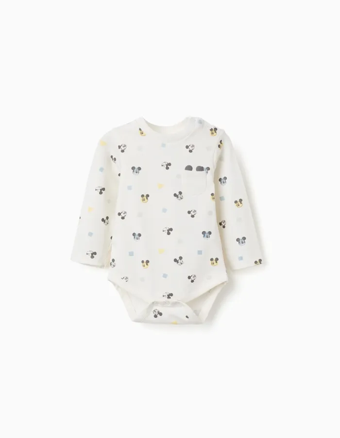 Long sleeve bodysuit with Mickey motif for newborn boys, white