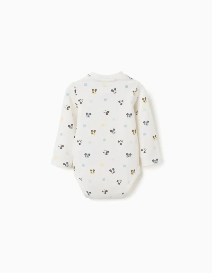 Long sleeve bodysuit with Mickey motif for newborn boys, white
