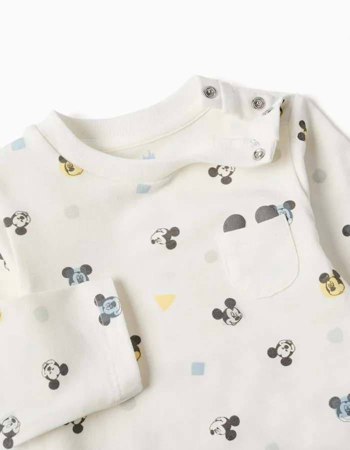 Long sleeve bodysuit with Mickey motif for newborn boys, white