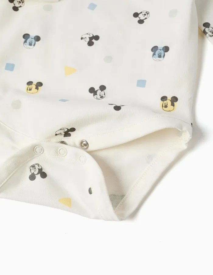 Long sleeve bodysuit with Mickey motif for newborn boys, white