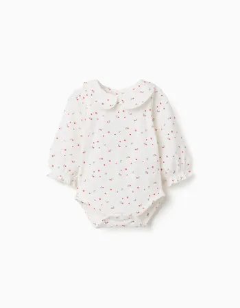 Long sleeve cotton bodysuit with floral pattern for newborn girls, white