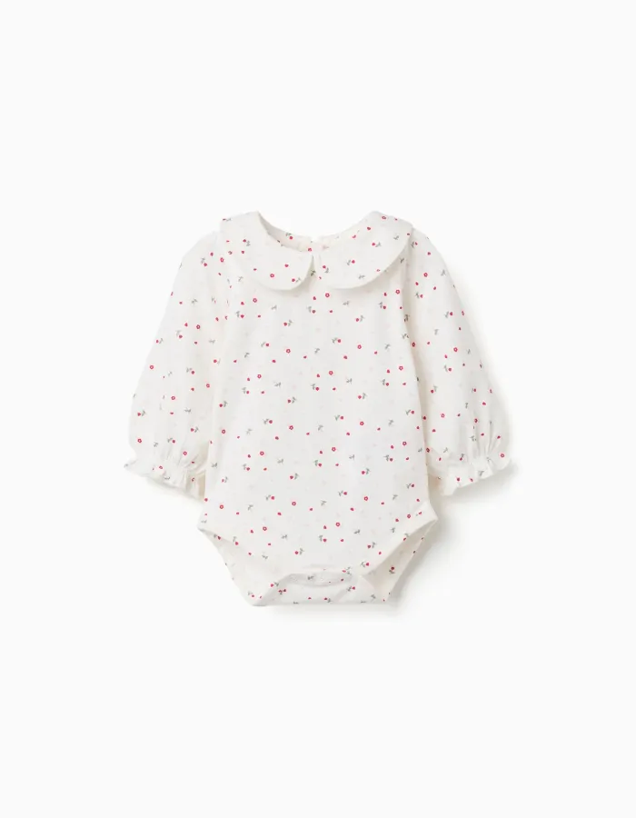 Long sleeve cotton bodysuit with floral pattern for newborn girls, white