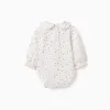 Long sleeve cotton bodysuit with floral pattern for newborn girls, white