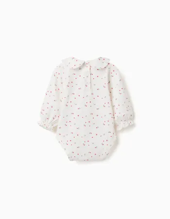 Long sleeve cotton bodysuit with floral pattern for newborn girls, white