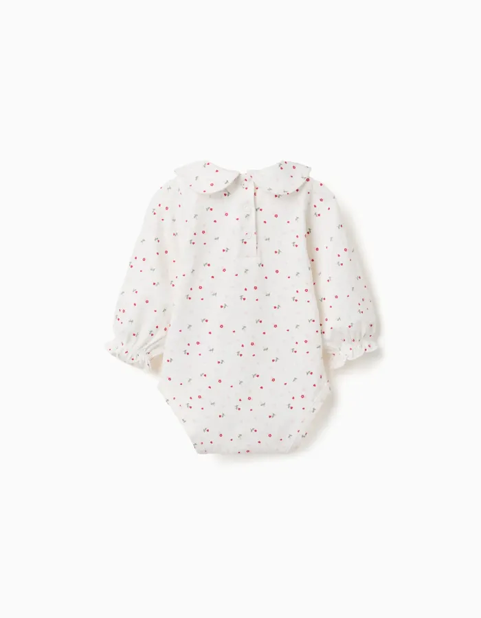 Long sleeve cotton bodysuit with floral pattern for newborn girls, white