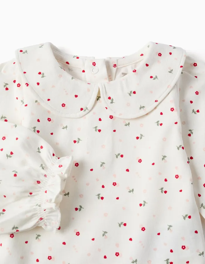 Long sleeve cotton bodysuit with floral pattern for newborn girls, white