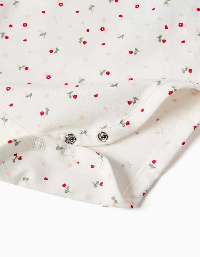 Long sleeve cotton bodysuit with floral pattern for newborn girls, white
