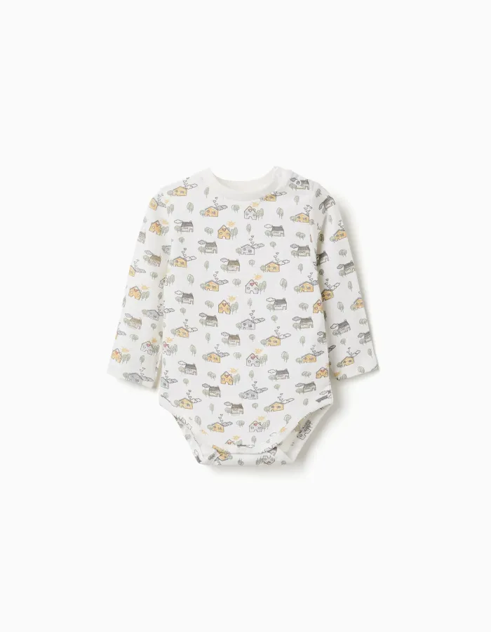 Long sleeve bodysuit with house and tree motif for newborns, white