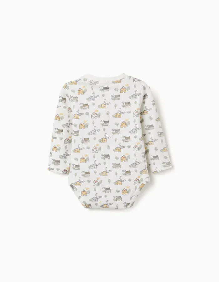 Long sleeve bodysuit with house and tree motif for newborns, white