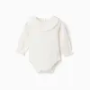 Long sleeve cotton bodysuit with ruffled collar for newborn girls, white