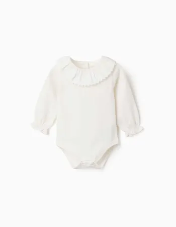 Long sleeve cotton bodysuit with ruffled collar for newborn girls, white