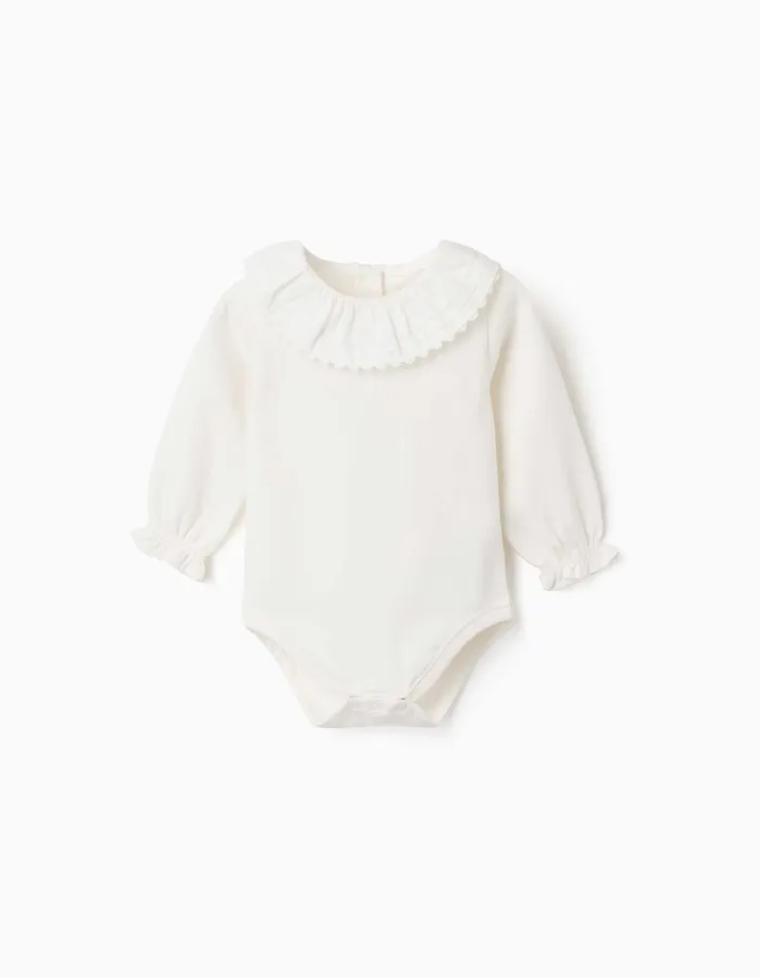 Long sleeve cotton bodysuit with ruffled collar for newborn girls, white