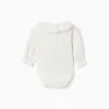 Long sleeve cotton bodysuit with ruffled collar for newborn girls, white
