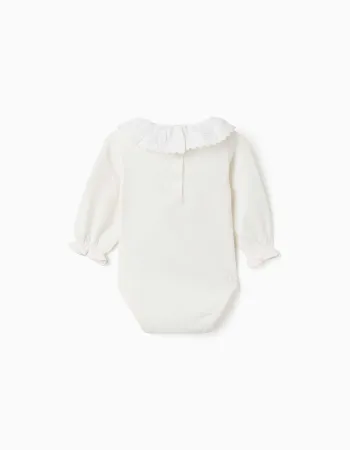 Long sleeve cotton bodysuit with ruffled collar for newborn girls, white