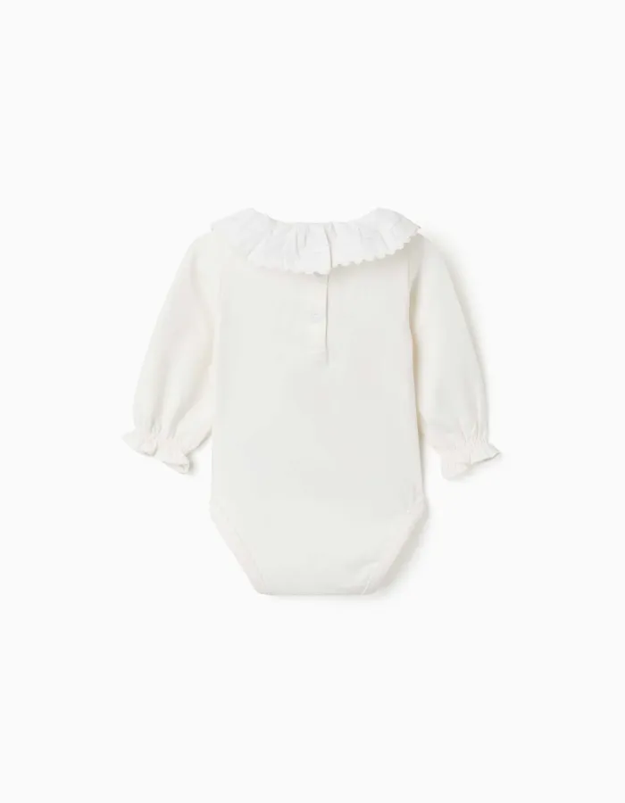 Long sleeve cotton bodysuit with ruffled collar for newborn girls, white