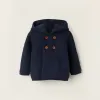 Hooded Cardigan with Pompom for Newborns, Dark Blue