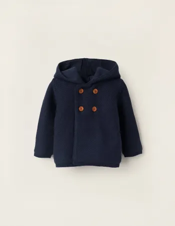 Hooded Cardigan with Pompom for Newborns, Dark Blue