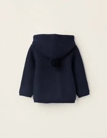 Hooded Cardigan with Pompom for Newborns, Dark Blue