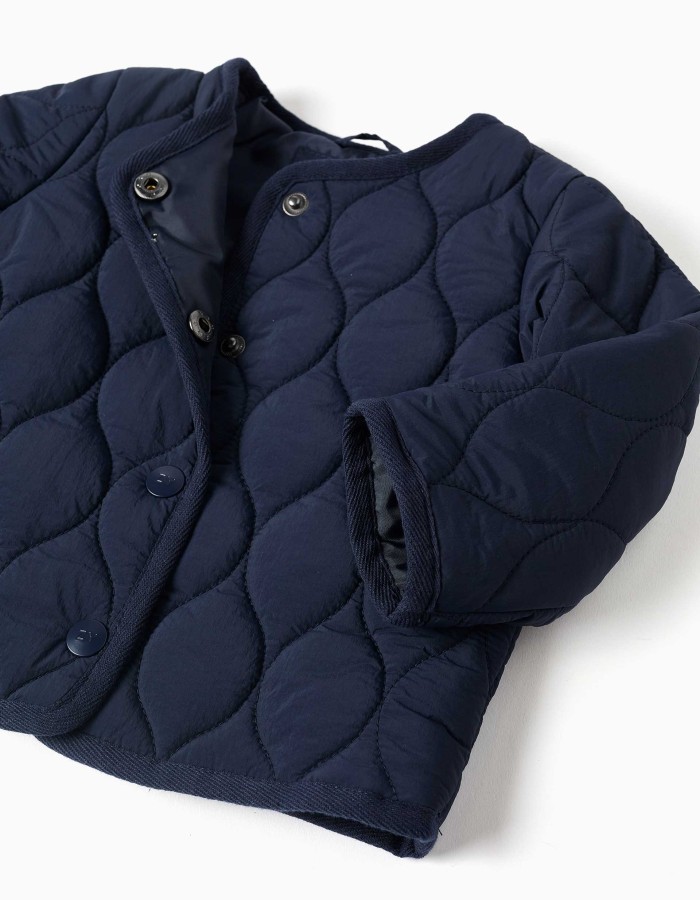 Quilted jacket with snap buttons for newborns, navy blue