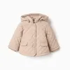 Hooded quilted jacket with polar fleece lining for newborns, beige