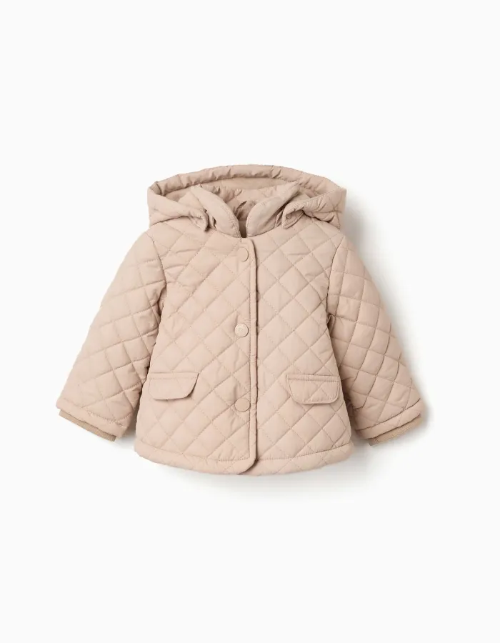 Hooded quilted jacket with polar fleece lining for newborns, beige
