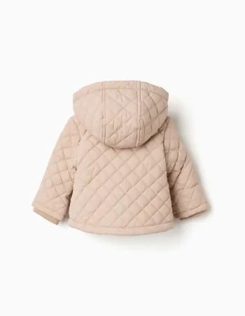 Hooded quilted jacket with polar fleece lining for newborns, beige