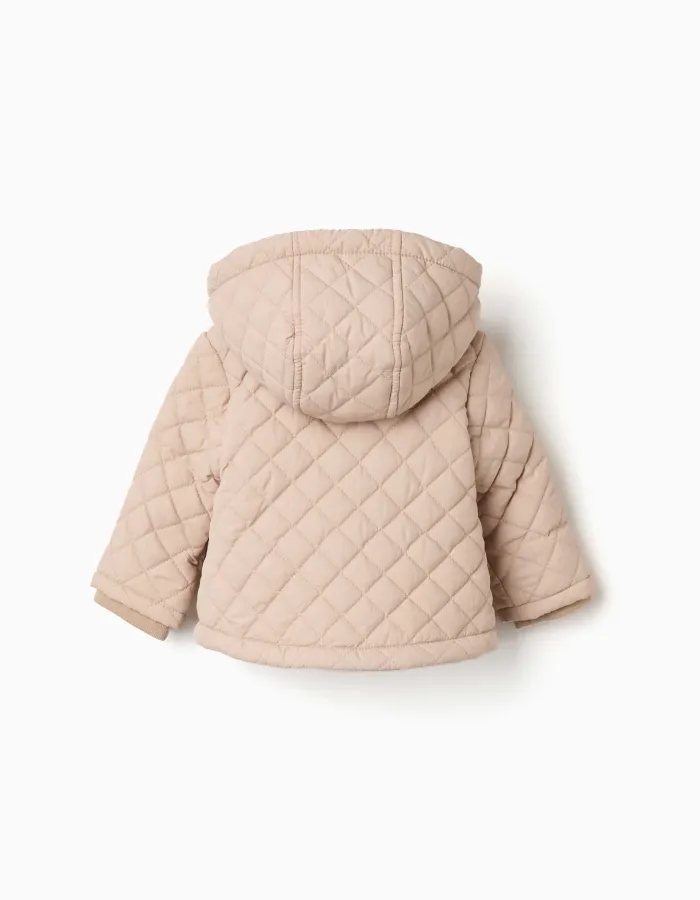 Hooded quilted jacket with polar fleece lining for newborns, beige