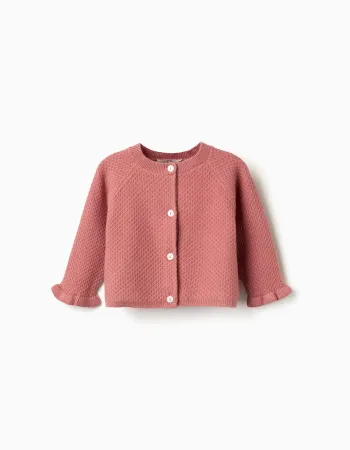 Knitted cardigan with ruffled cuffs for newborn girls, pink