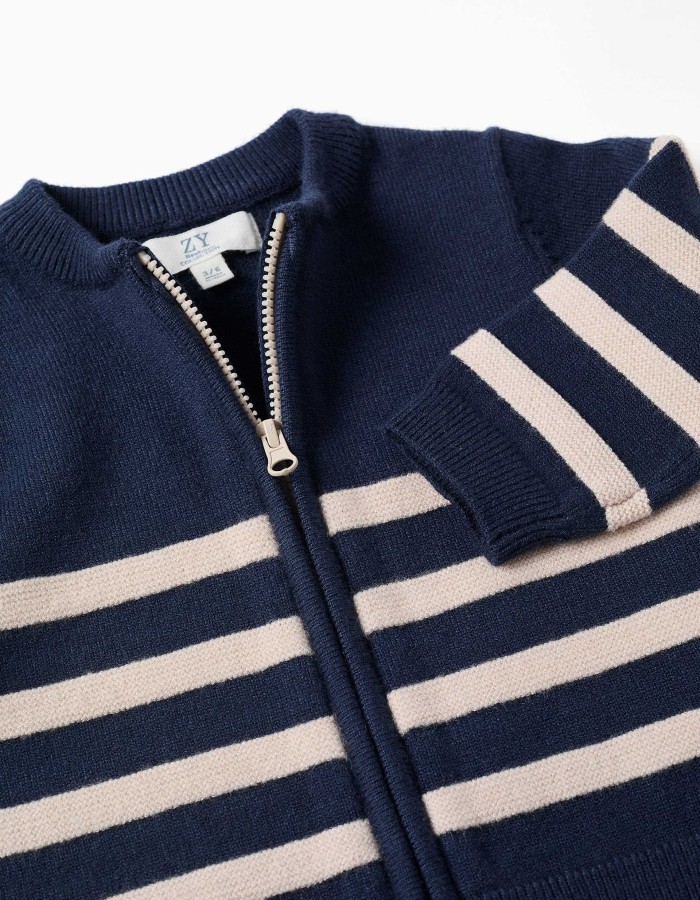 Striped knitted cardigan for newborn boys, navy blue/beige
