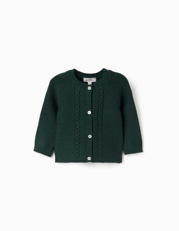 Knitted cardigan with cable details B&S for newborn boys, dark green