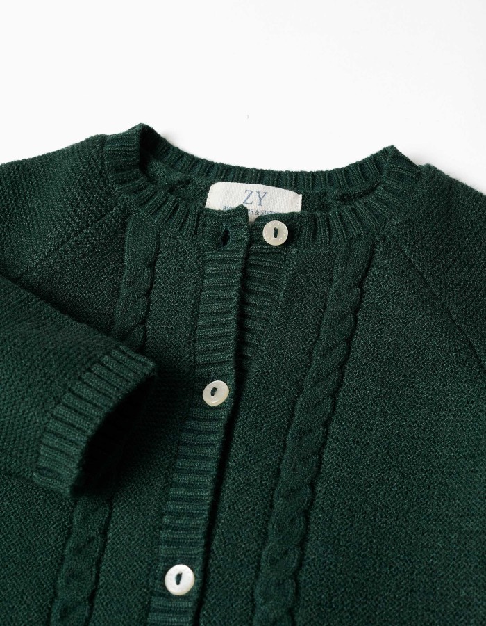 Knitted cardigan with cable details B&S for newborn boys, dark green