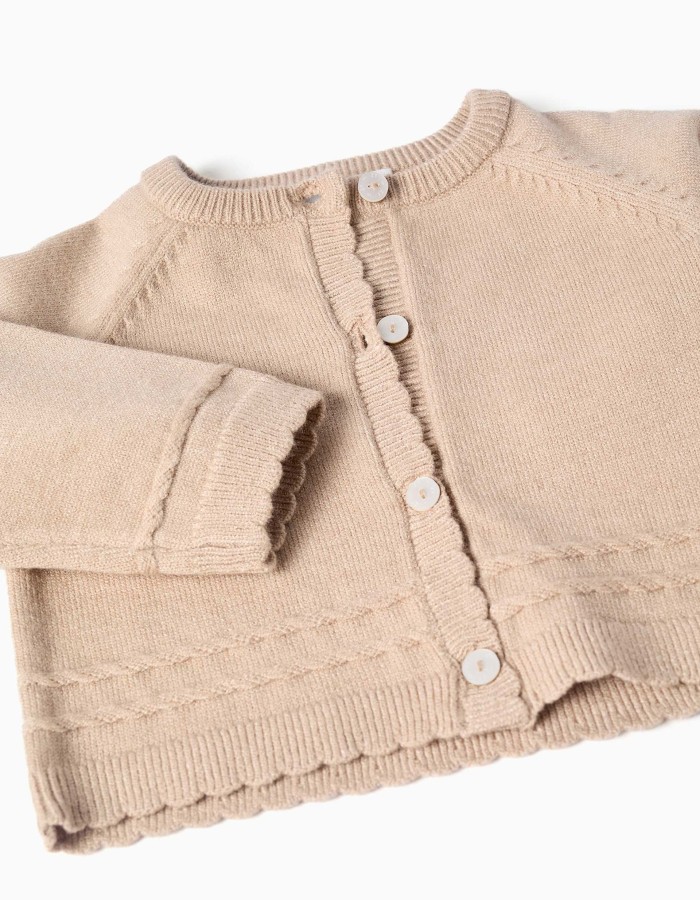 Knitted cardigan with scalloped ends B&S for newborn girls, beige