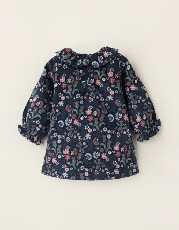 Corduroy Floral Dress for Newborn Girls, Dark Blue