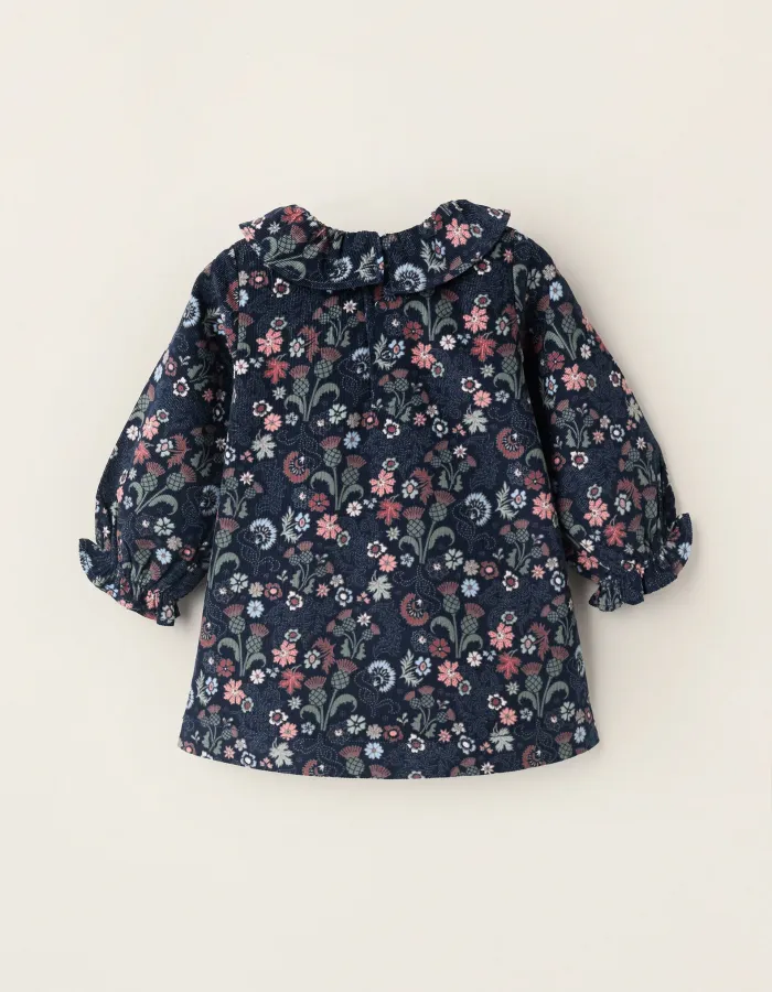 Corduroy Floral Dress for Newborn Girls, Dark Blue