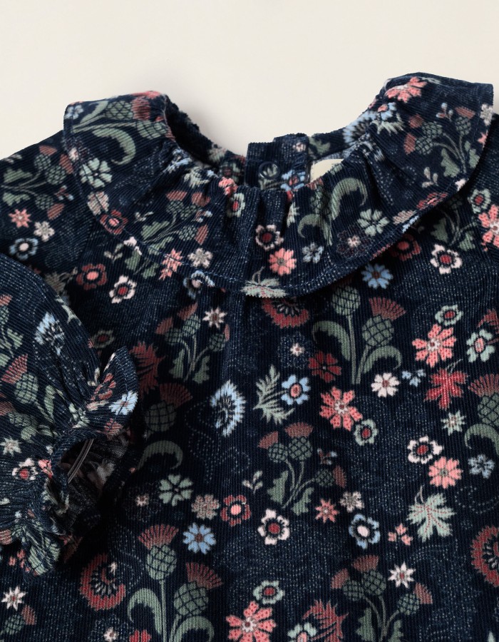 Corduroy Floral Dress for Newborn Girls, Dark Blue