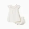 Cotton and linen dress with embroidery for newborn girls, white/pink
