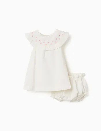 Cotton and linen dress with embroidery for newborn girls, white/pink