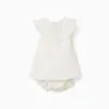 Cotton and linen dress with embroidery for newborn girls, white/pink