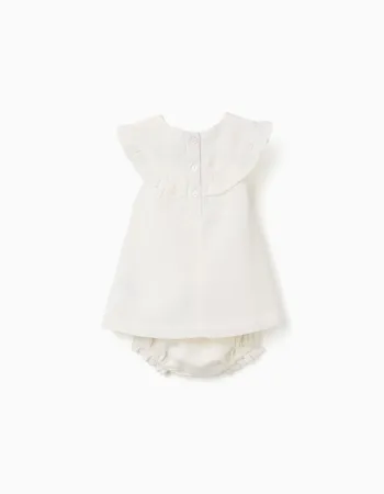 Cotton and linen dress with embroidery for newborn girls, white/pink
